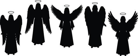 Surreal angel silhouettes, halo and wings, spiritual figures, symbolic design, black robes, divine presence, artistic style, grace, mystery, faith