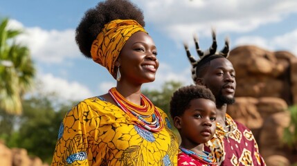 Delighted African family members dressed in colorful traditional attire exploring an enchanting theme park and reveling in the magical adventure together