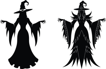 Witch silhouette vector, claw hands, pointed hat, flowing dress, Halloween theme, spooky pose, black illustration, fantasy character design