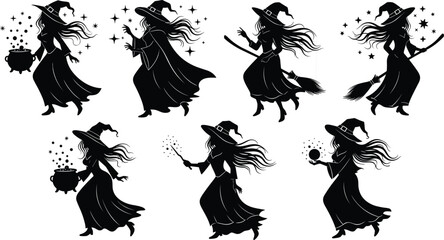 Witch silhouette vector, magical poses, broomstick flying, cauldron spell, crystal ball, Halloween theme, fantasy art, stars, black illustration