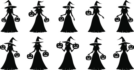 Witch silhouette vector, jack-o'-lantern pose, Halloween theme, pointed hat, flowing dress, spooky character, black illustration, festive art