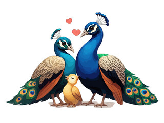 loving peacock family with two adult peacocks and a chick, surrounded by hearts.