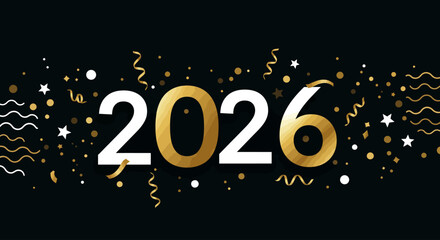 2026 New Year Celebration Background with Golden Confetti and Black Design