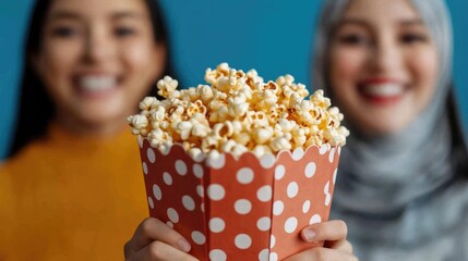 Two happy and smiling Muslim friends enthusiastically unwrapping and sharing a bowl of delicious caramel popcorn together capturing a moment of joy togetherness and cultural