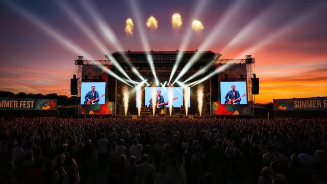 outdoor music festival unfolds at sunset with dazzling stage Screens show musician playing guitar framed by bright spotlights powerful flames and sparkling pyrotechnics above vast cheering crowd