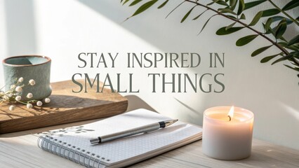 Stay Inspired with Simple Elements in a Cozy Workspace Featuring a Candle, Notebook, and Greenery