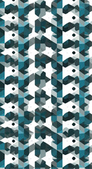 Geometric pattern with teal and white shapes creating a visual design.
