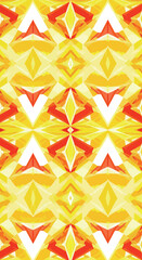 Geometric pattern with symmetrical shapes in vibrant yellow and red colors.