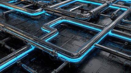 Complex Network of Glowing Pipes and Circuits Showcasing Advanced Technology and Futuristic Design in Close-Up View