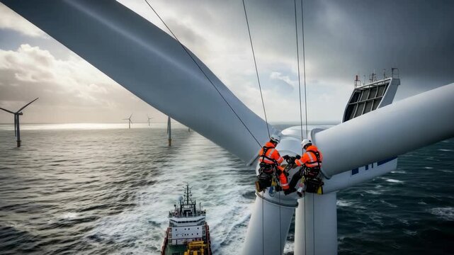 Two technicians in orange safety gear rappel down colossal white offshore wind turbine blade A service vessel navigates choppy waters below near vast wind farm under cloudy sky