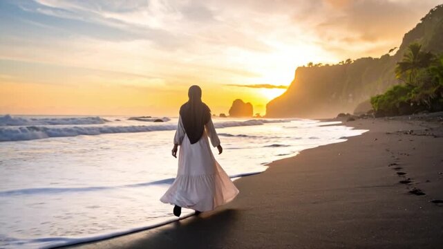 Cinematic goldenhour beach scene with a lone figure walking toward a dramatic ocean sunset.