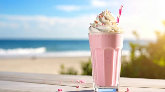 Frozen pink smoothie drink served in a glass on the white sand of a sunny beach, creating a vacation atmosphere.