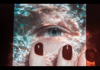 Modern Abstract Close-Up of Eye and Hand with Glossy Brown Nails Premium Artistic for Creative Marketing and Editorial Use