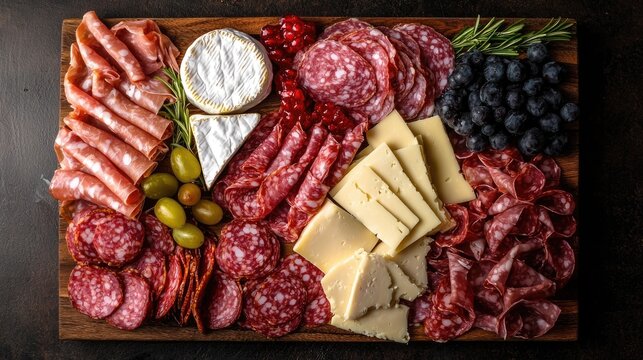 Artfully arranged charcuterie board featuring a mouthwatering selection of cured meats artisanal cheeses juicy grapes and flavorful olives  The display showcases a variety of textures colors