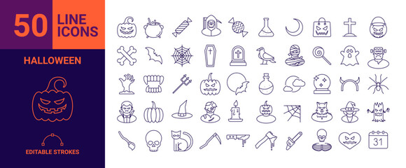 50 Halloween Line Icons Editable Vector Set