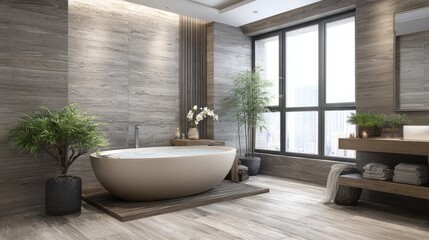 Luxurious Bathroom With Modern Design Featuring a Freestanding Tub and Large Windows Overlooking the City Skyline