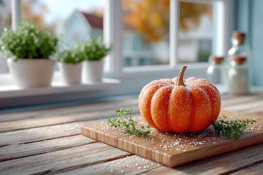 Macro Close Up of a Small Pumpkin on Wooden Table with White Spots in a Bright Indoor Kitchen With Potted Plants and White Window Background