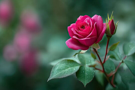 Macro Close-Up of a Vibrant Red Rose with Water Droplets on Green Foliage in Soft Natural Light