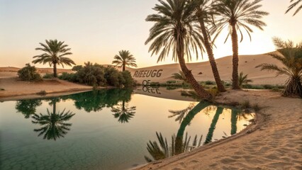 Tranquil Oasis with Palm Trees Reflecting in Calm Water at Sunset in a Desert Landscape