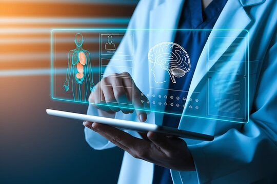 Doctor using tablet with digital human anatomy and brain interface, smart healthcare, AI diagnosis, and future medical innovation technology. health check concept.