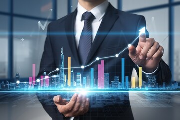 Businessman analyzing real estate investment data with futuristic city skyline and candlestick chart, property growth, market trends, and financial analytics.