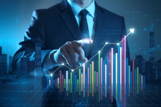 Businessman analyzing real estate investment data with futuristic city skyline and candlestick chart, property growth, market trends, and financial analytics.