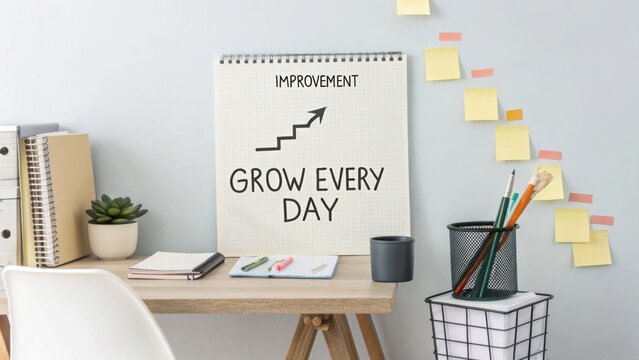 Inspirational workspace with motivational note for personal development and growth in productivity and creativity