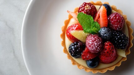 A vibrant and delicious berry tart on a white plate, perfect for dessert. The tart is filled with cream and topped with fresh berries and mint leaves