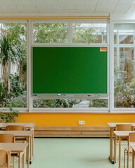 Modern Spacious Classroom with Large Green Board and Natural Light Premium Educational Space for Childcare and Learning Center Marketing Campaigns