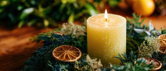 Premium Authentic Beeswax Candle on Evergreen Wreath with Dried Orange Slices for Serene Winter Holiday Marketing and Lifestyle Content