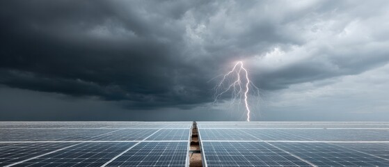 Premium Professional Solar Panel Array Under Stormy Sky with Lightning Modern Clean Energy Resilience for Tech Marketing and Sustainable Social Media