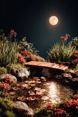 Premium Dark Romantic Garden Pond with Moonlight Reflection and Wooden Bridge Authentic Nighttime Calm for Modern Lifestyle and Social Media Marketing