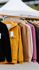 Premium Eco-Friendly Patchwork Jackets and Hoodies at Outdoor Market Stall Modern Sustainable Fashion for Young Professionals, Calm Authentic Lifestyle Content