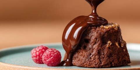 Premium glossy ganache drip over tiny chocolate cake with gold crumb and raspberries, modern creative baking for indulgent lifestyle marketing content
