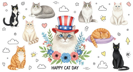 Charming cat collection featuring patriotic feline with festive flowers and various poses in whimsical artistic style celebrates happy cat day joy