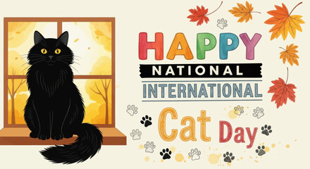 Adorable black cat sitting by window celebrating happy national international cat day festive autumn leaves paw prints and colorful text