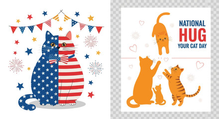 Adorable us flag cat and national hug day cat family illustrations celebrate patriotism and animal love with festive decorations