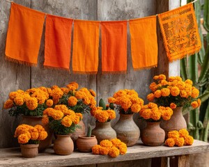 Authentic Traditional Marigold Flower Altar with Clay Pottery and Papel Picado Premium Cultural Heritage Decor for Holiday Marketing and Social Media Campaigns