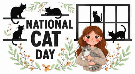 Adorable girl cuddles kitten amidst national cat day celebration featuring silhouetted felines and festive flora