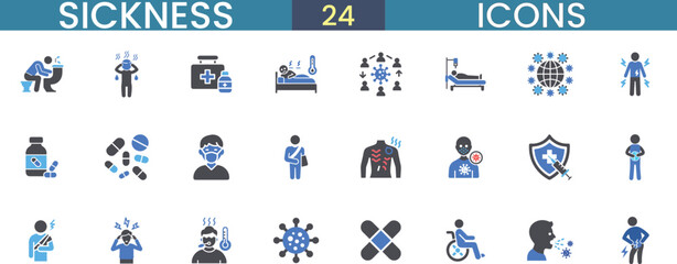 Collection of 24 sickness icons representing health conditions and medical care elements vector