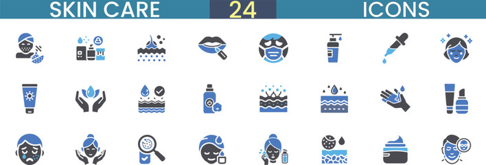 Collection of 24 diverse skin care icons representing beauty wellness and healthy complexion treatments vector