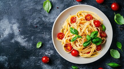 Delicious and Authentic Italian Pasta Dish with Fresh Aromatic Basil and Sweet Cherry Tomatoes Served on a Neutral Colored Tablecloth for a Rustic Homemade Culinary Experience