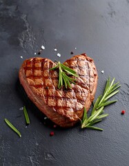 Heart-shaped grilled steak on dark surface