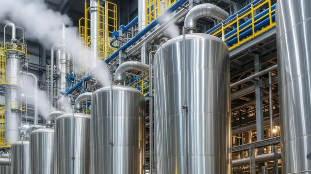 industrial facility shows multiple large shiny cylindrical tanks with steam visibly rising A dense background of blue and yellow pipes elevated platforms and structural elements indicates complex proc