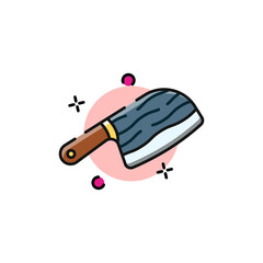 Cartoon Style Cleaver Axe on Transparent Background with Pink Circle Accent Illustration Featuring Gray Blade Brown Handle and White Edges