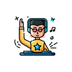 Cartoon Pixel DJ Character with Headphones at Turntable Isolated on Transparent Background