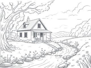 Detailed black and white line drawing of a charming country house by a winding stream vector