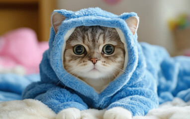Adorable scottish fold kitten wearing a cozy blue hooded bathrobe looking directly at the camera