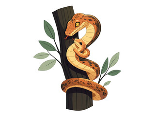 Colorful snake coiled around a branch with leaves