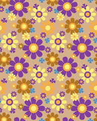 Colorful floral pattern with purple, yellow, orange, brown, and blue flowers on beige background, creating cheerful and vibrant retro design